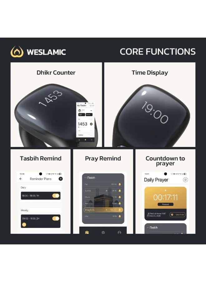 WESLAMIC iTasbih-Faith Smart Tasbih Ring with OLED Display & App - 3 Adjustable Sizes (18mm, 20mm, 22mm) in One Kit | Wireless Magnetic Charging, 5+ Day Battery, Zikr Counter, Prayer (Azan) Reminders | Waterproof Bluetooth Islamic Gift for Ramadan & Eid - Image 4